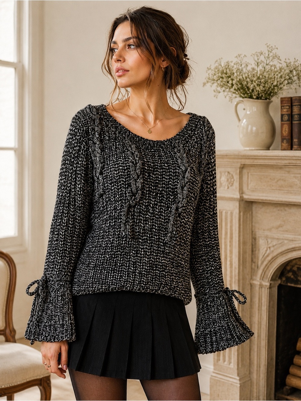 Dark Academia Cable Knit Bell Sleeve Sweater M/L Red Queen